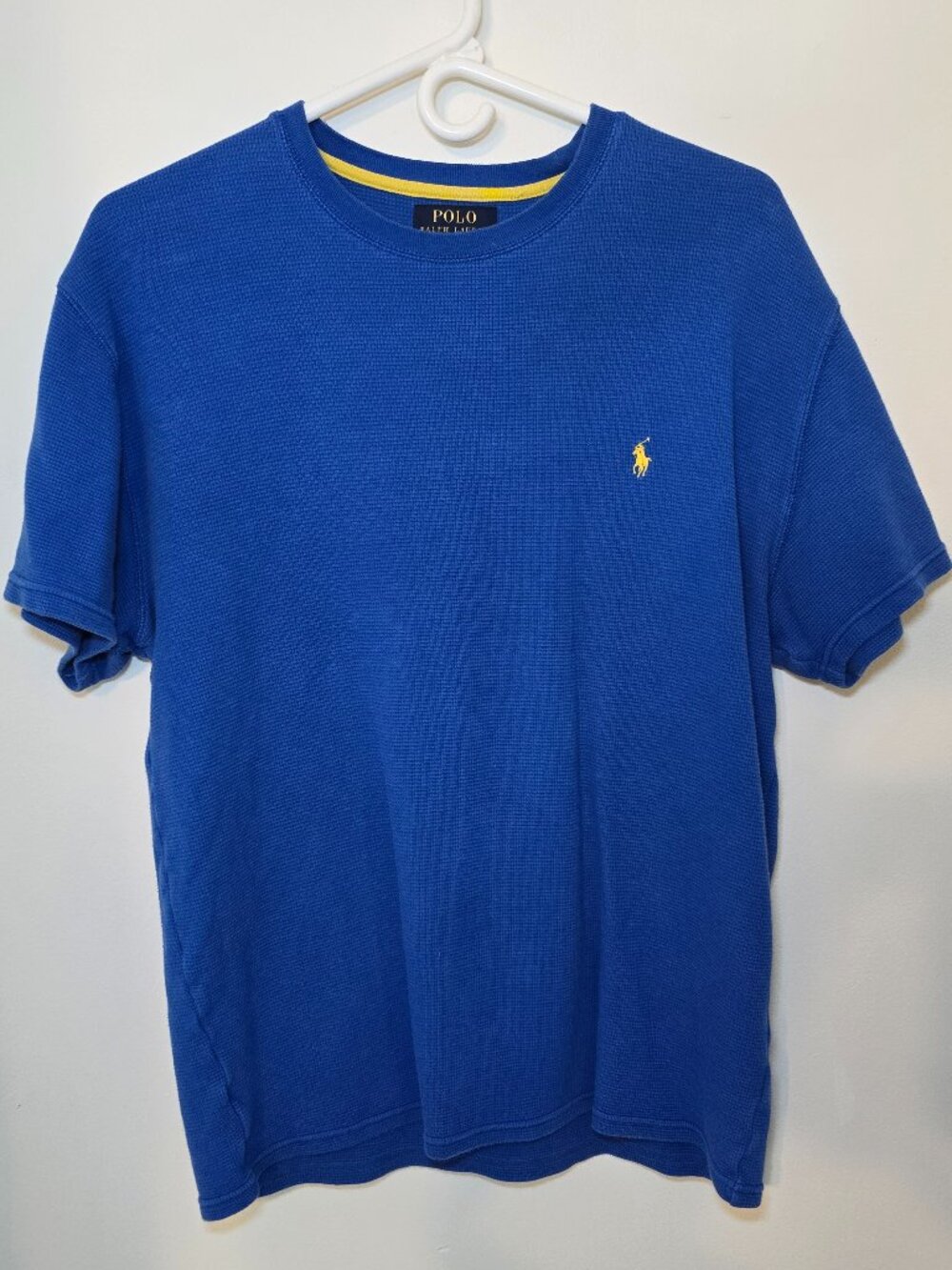 Polo Ralph Lauren Waffle Knit Thermal T Shirt Mens Large Blue Yellow Pony Logo